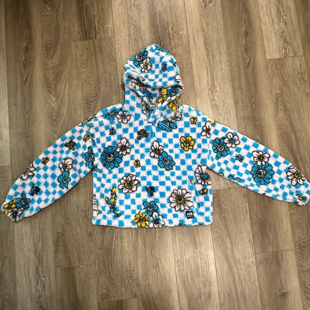 A-Lab Checkered Daisy Floral Fluffy Fleece Pullover Hoodie Blue White Size Small